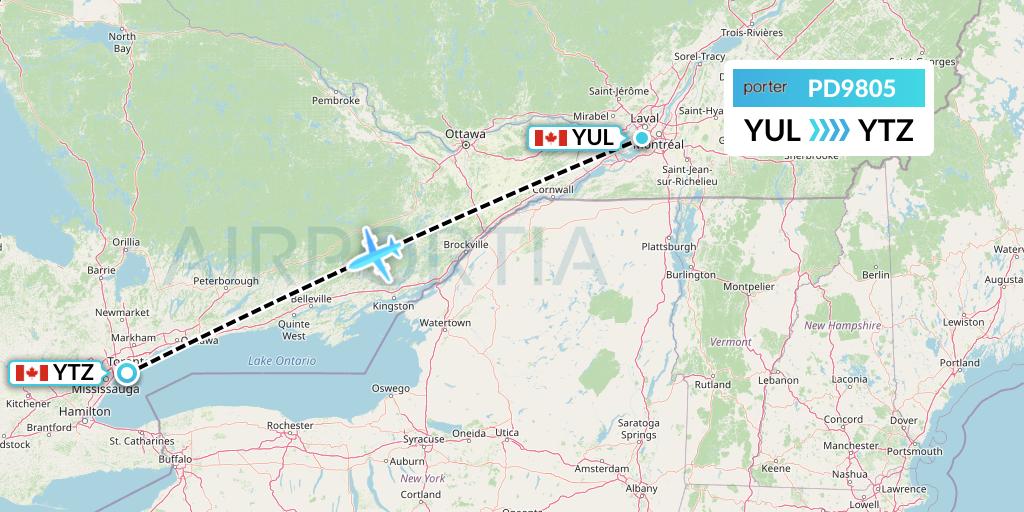 PD9805 Porter Airlines Flight Map: Montreal to Toronto