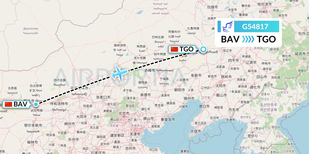 G54817 China Express Airlines Flight Map: Baotou to Tongliao