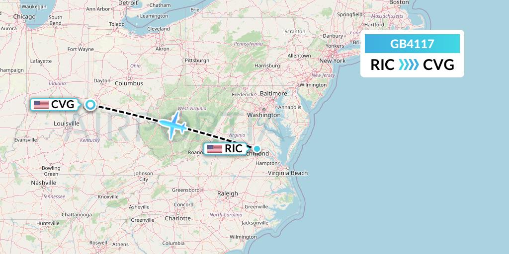 GB4117 ABX Air Flight Map: Richmond to Cincinnati