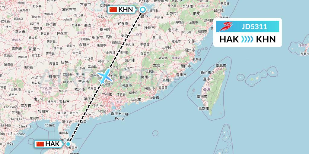 JD5311 Capital Airlines Flight Map: Haikou to Nanchang