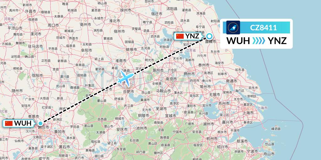 CZ8411 China Southern Airlines Flight Map: Wuhan to Yancheng