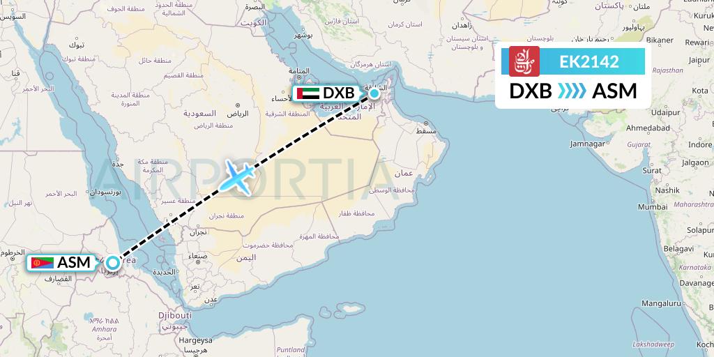 EK2142 Emirates Flight Map: Dubai to Asmara