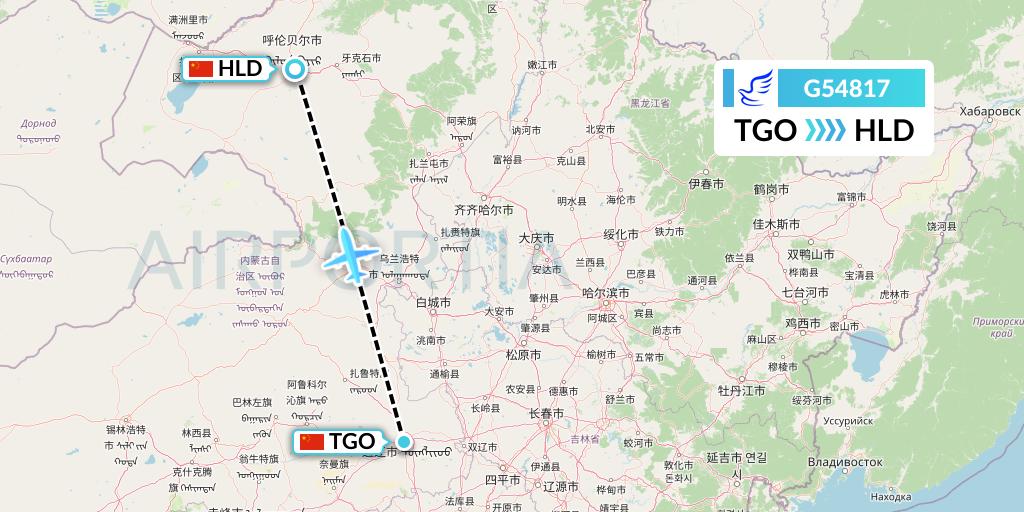 G54817 China Express Airlines Flight Map: Tongliao to Hailar