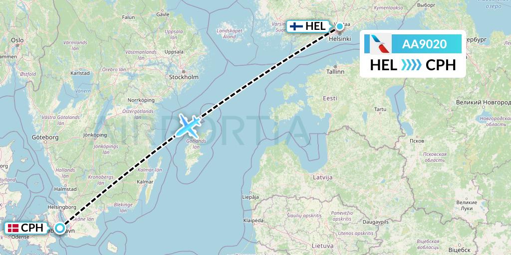 AA9020 American Airlines Flight Map: Helsinki to Copenhagen