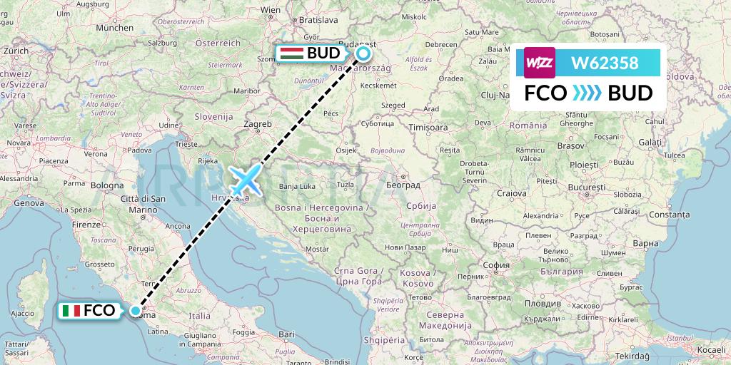 W62358 Wizz Air Flight Map: Rome to Budapest