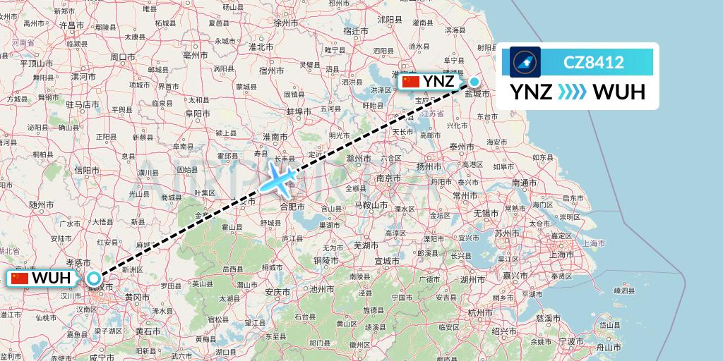 CZ8412 China Southern Airlines Flight Map: Yancheng to Wuhan