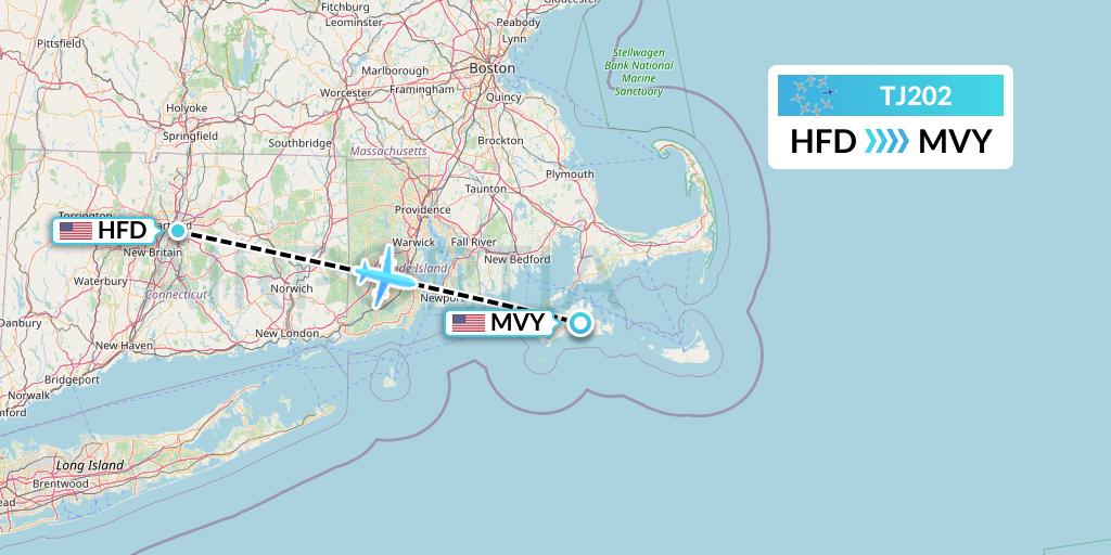 TJ202 Tradewind Aviation Flight Map: Hartford to Martha's Vineyard
