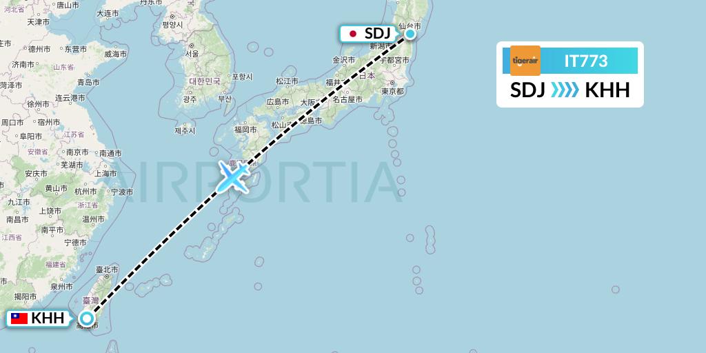 IT773 Tigerair Taiwan Flight Map: Sendai to Kaohsiung