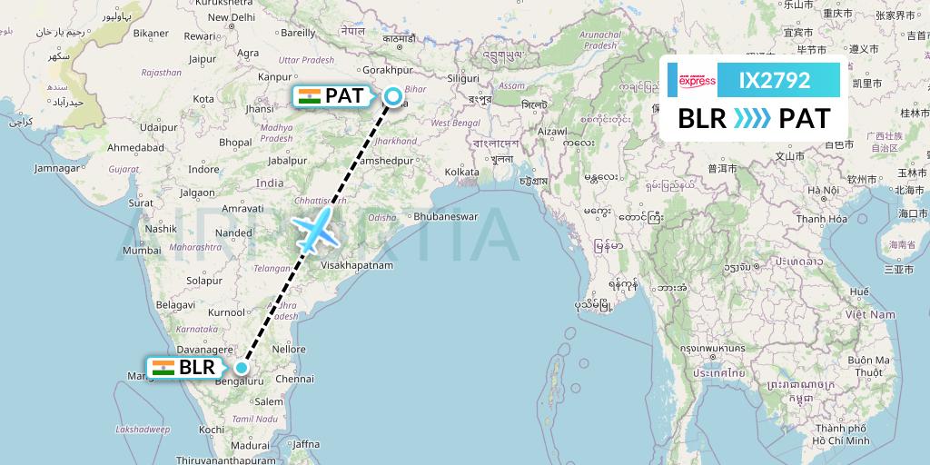 IX2792 Air India Express Flight Map: Bangalore to Patna