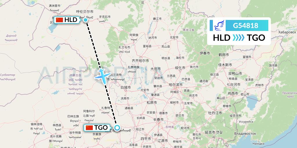 G54818 China Express Airlines Flight Map: Hailar to Tongliao