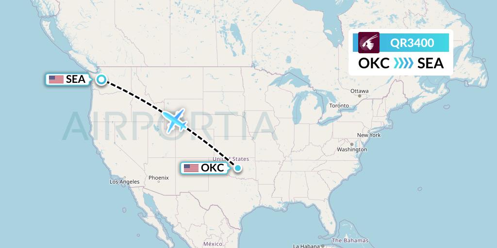 QR3400 Qatar Airways Flight Map: Oklahoma City to Seattle