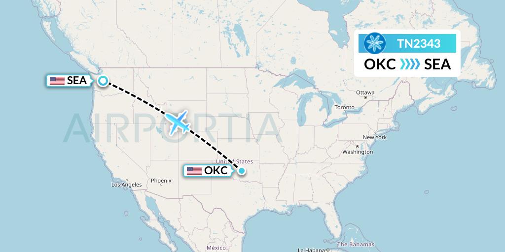 TN2343 Air Tahiti Nui Flight Map: Oklahoma City to Seattle