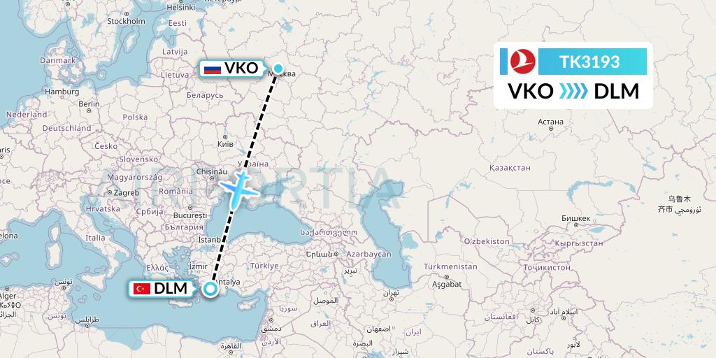 TK3193 Turkish Airlines Flight Map: Moscow to Dalaman