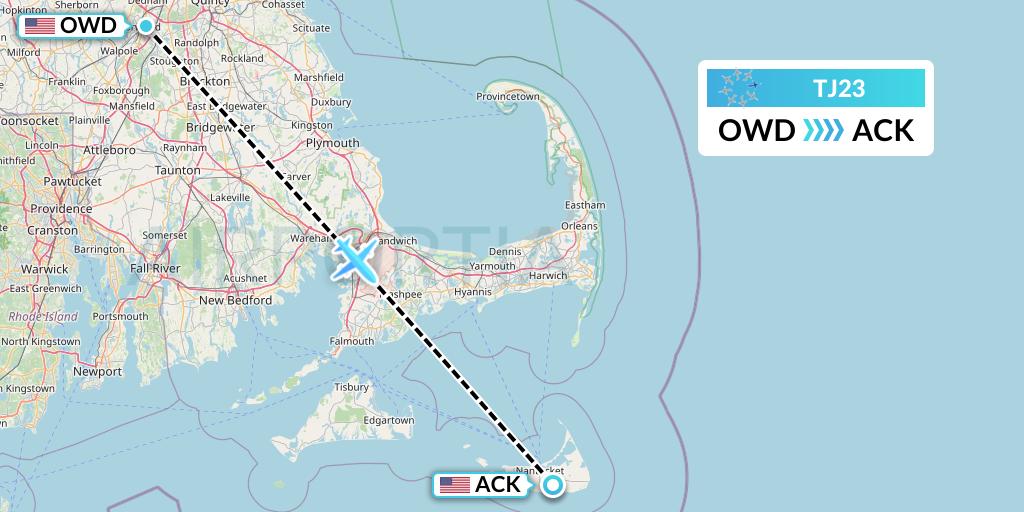 TJ23 Tradewind Aviation Flight Map: Norwood to Nantucket