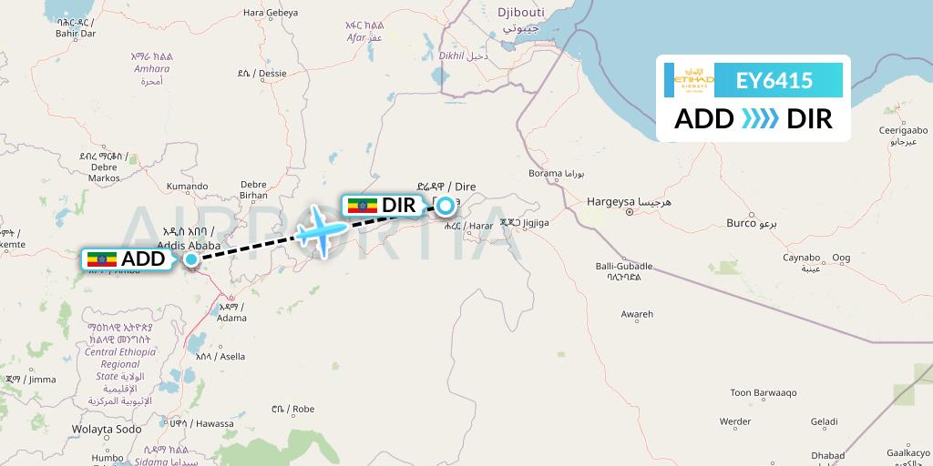 EY6415 Etihad Airways Flight Map: Addis Ababa to Dire Dawa