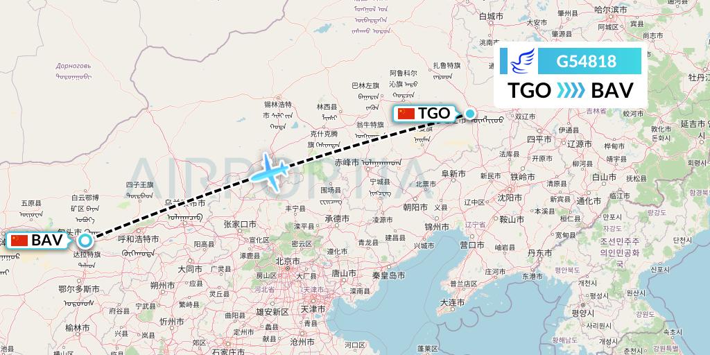 G54818 China Express Airlines Flight Map: Tongliao to Baotou