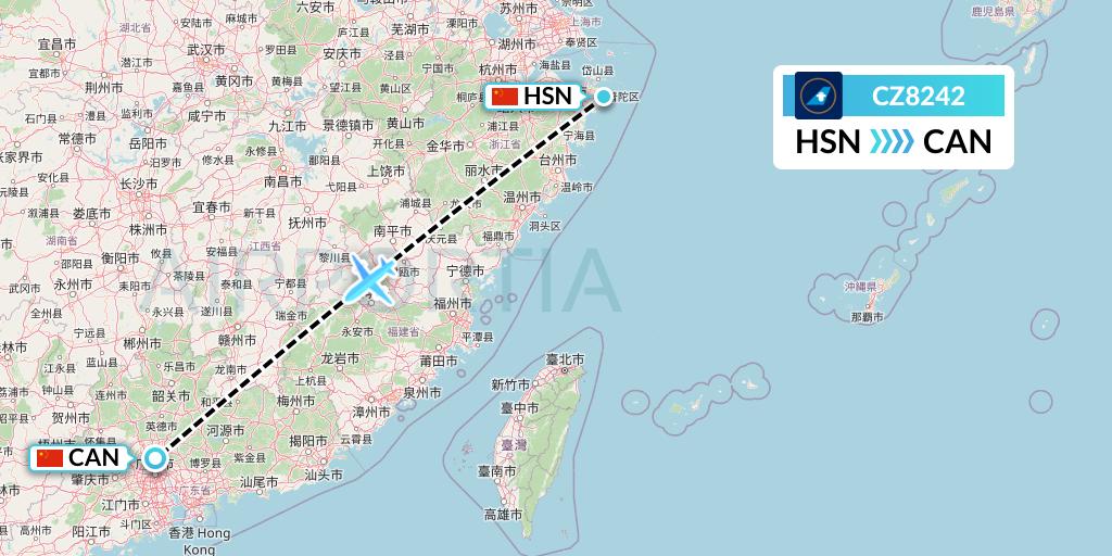 CZ8242 China Southern Airlines Flight Map: Zhoushan to Guangzhou