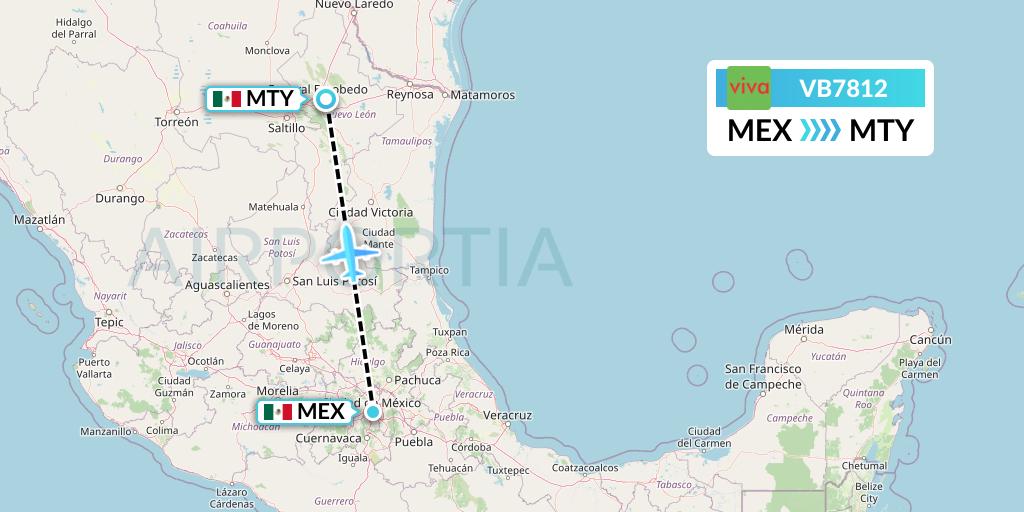 VB7812 VivaAerobus Flight Map: Mexico City to Monterrey