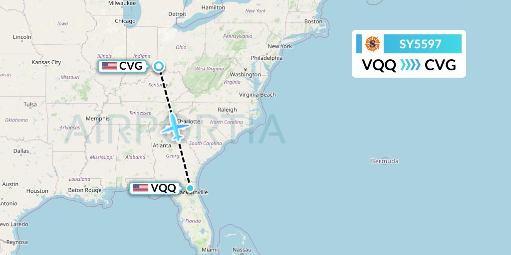 SY5597 Sun Country Airlines Flight Map: Jacksonville to Cincinnati