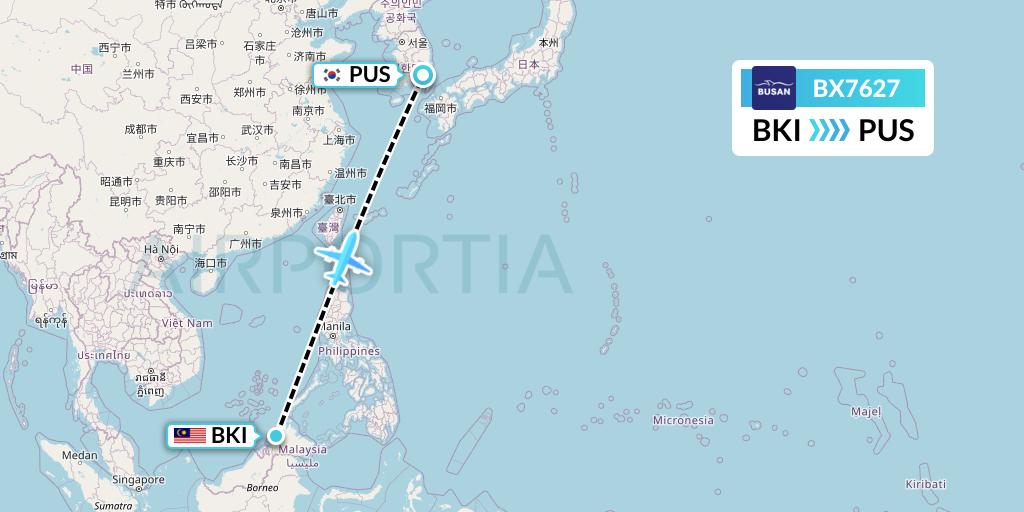 BX7627 Air Busan Flight Map: Kota Kinabalu to Busan
