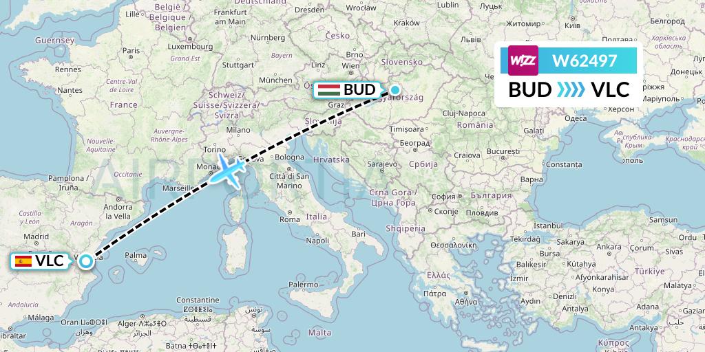 W62497 Wizz Air Flight Map: Budapest to Valencia