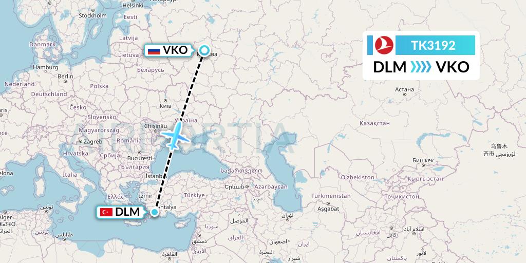TK3192 Turkish Airlines Flight Map: Dalaman to Moscow