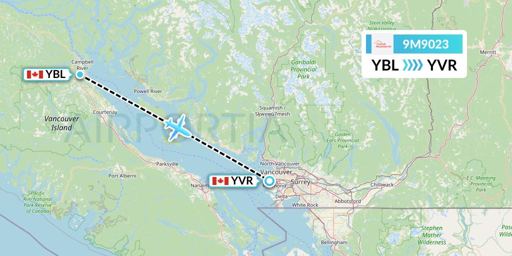 9M9023 Central Mountain Air Flight Map: Campbell River to Vancouver