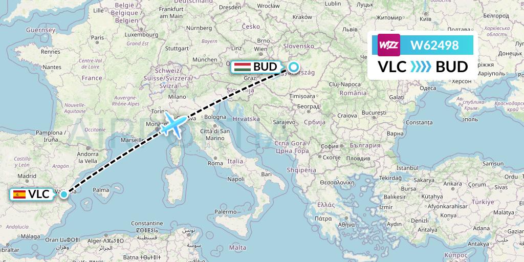 W62498 Wizz Air Flight Map: Valencia to Budapest