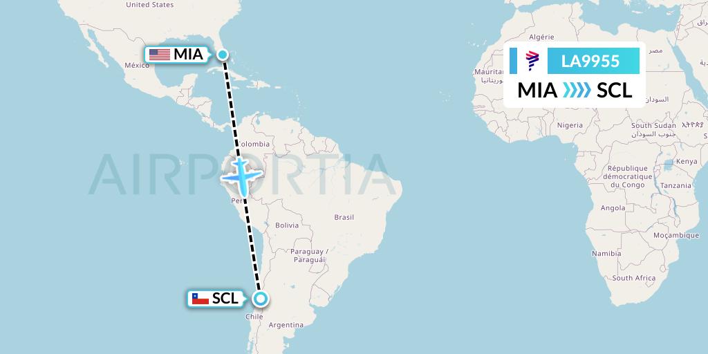 LA9955 LAN Airlines Flight Map: Miami to Santiago