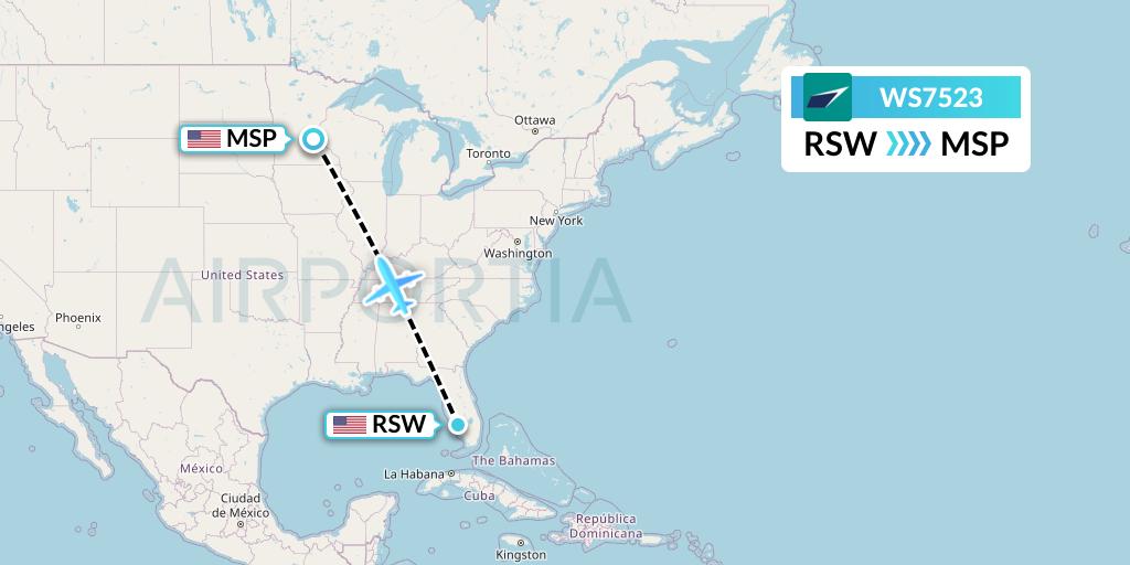 WS7523 WestJet Flight Map: Fort Myers to Minneapolis