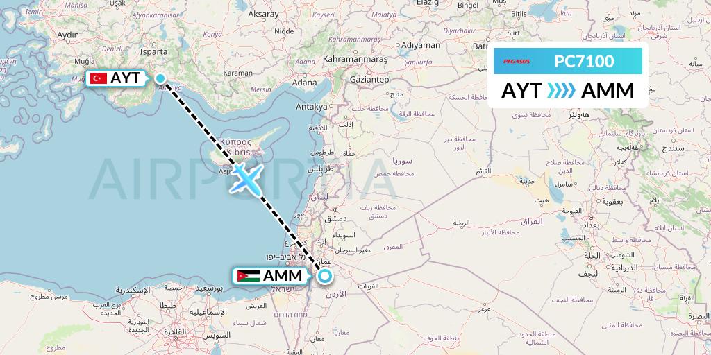 PC7100 Pegasus Airlines Flight Map: Antalya to Amman