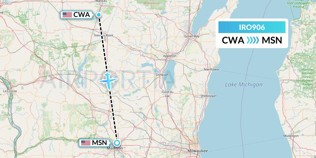 IRO906 CSA Air Flight Map: Wausau to Madison