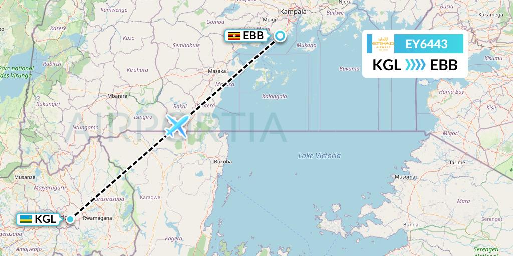 EY6443 Etihad Airways Flight Map: Kigali to Entebbe