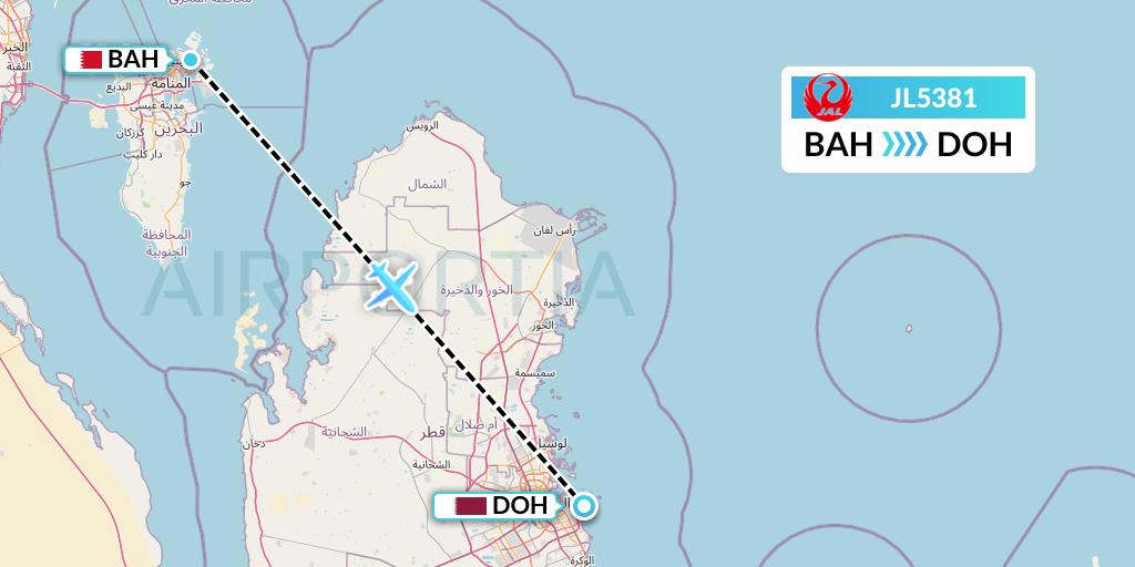 JL5381 Japan Airlines Flight Map: Bahrain to Doha