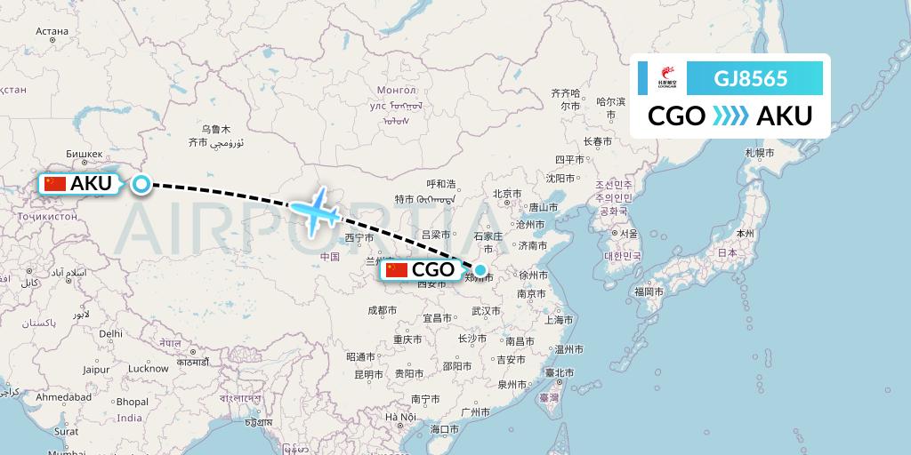 GJ8565 Loong Airlines Flight Map: Zhengzhou to Aksu