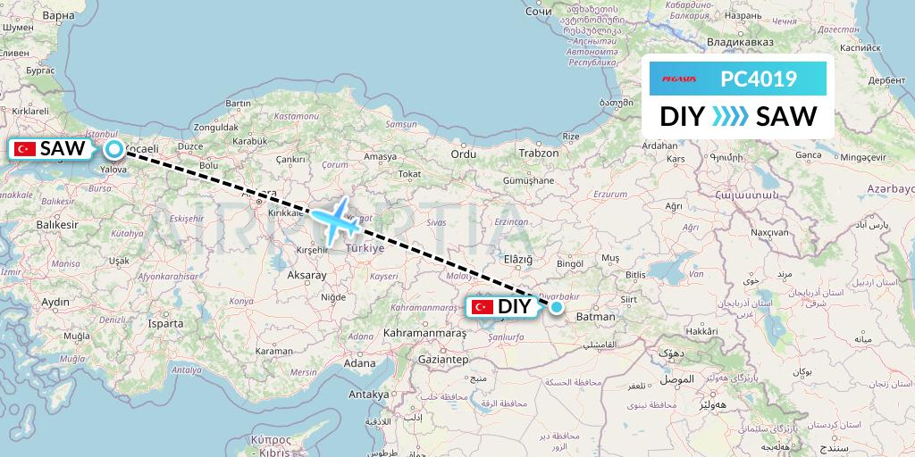 PC4019 Pegasus Airlines Flight Map: Diyarbakir to Istanbul