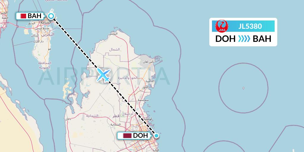 JL5380 Japan Airlines Flight Map: Doha to Bahrain