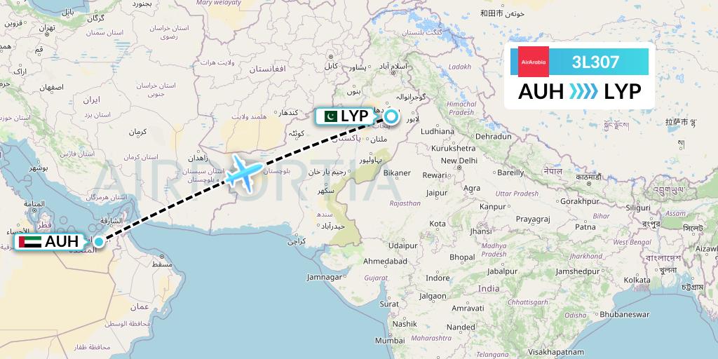 3L307 Air Arabia Abu Dhabi Flight Map: Abu Dhabi to Faisalabad