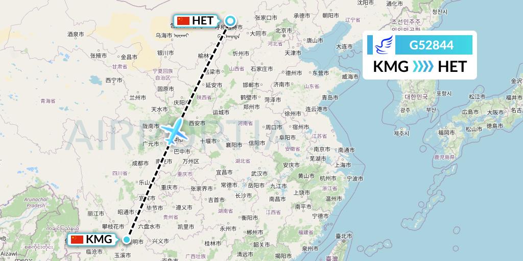 G52844 China Express Airlines Flight Map: Kunming to Hohhot