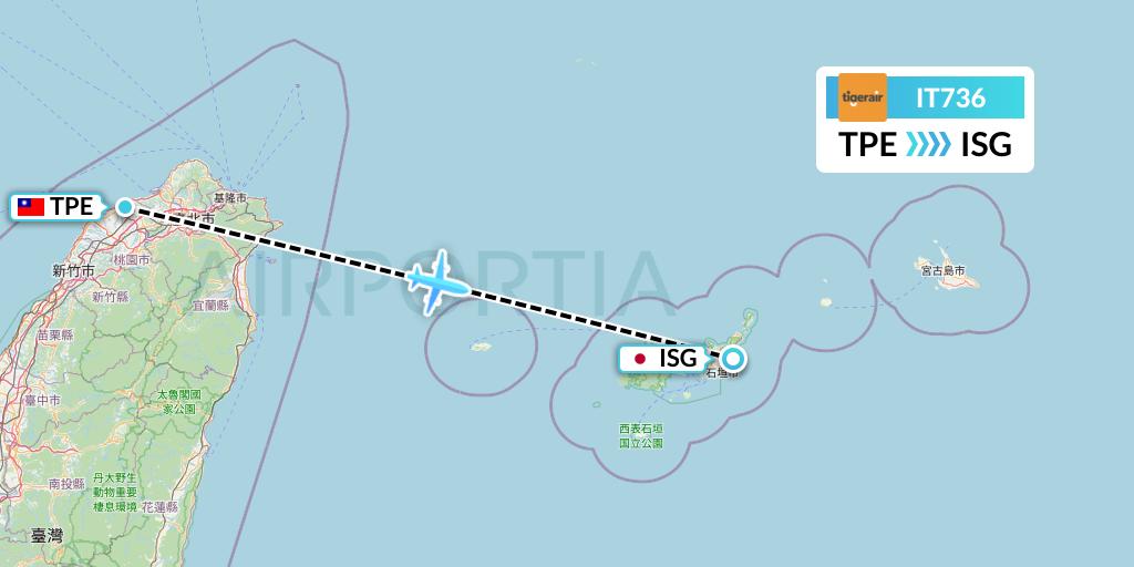 IT736 Tigerair Taiwan Flight Map: Taipei to Ishigaki
