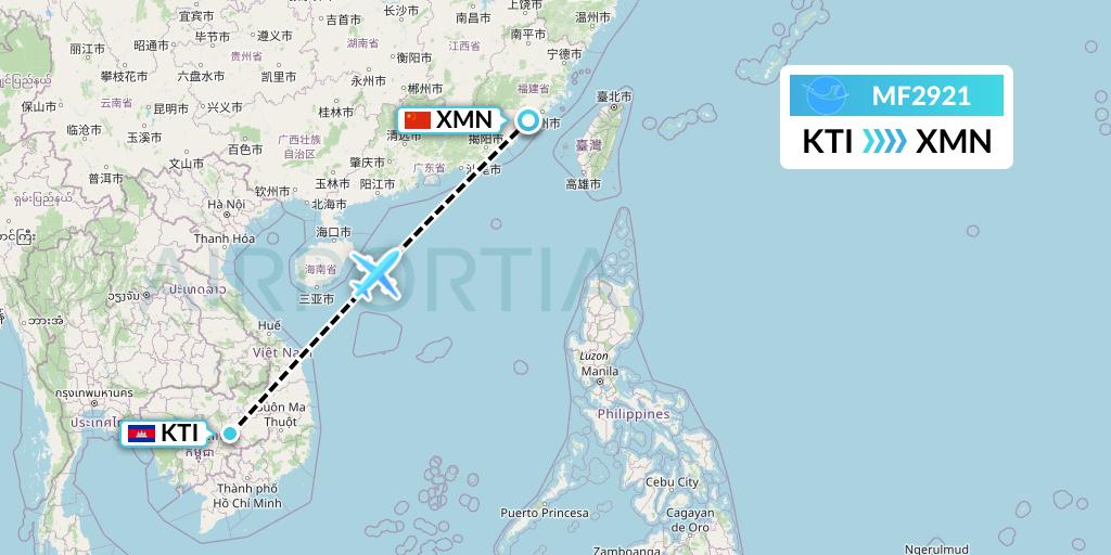 MF2921 Xiamen Airlines Flight Map: Kratie to Xiamen