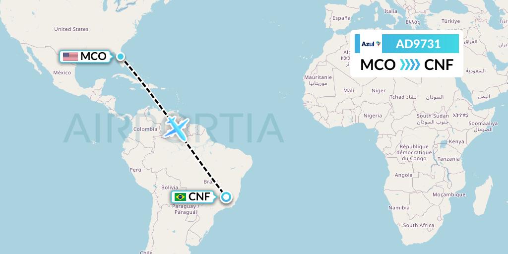 AD9731 Azul Brazilian Airlines Flight Map: Orlando to Belo Horizonte
