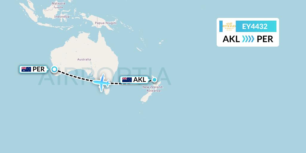 EY4432 Etihad Airways Flight Map: Auckland to Perth