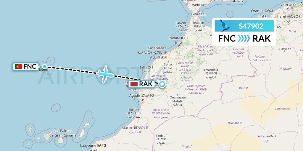 S47902 Azores Airlines Flight Map: Funchal to Marrakesh 