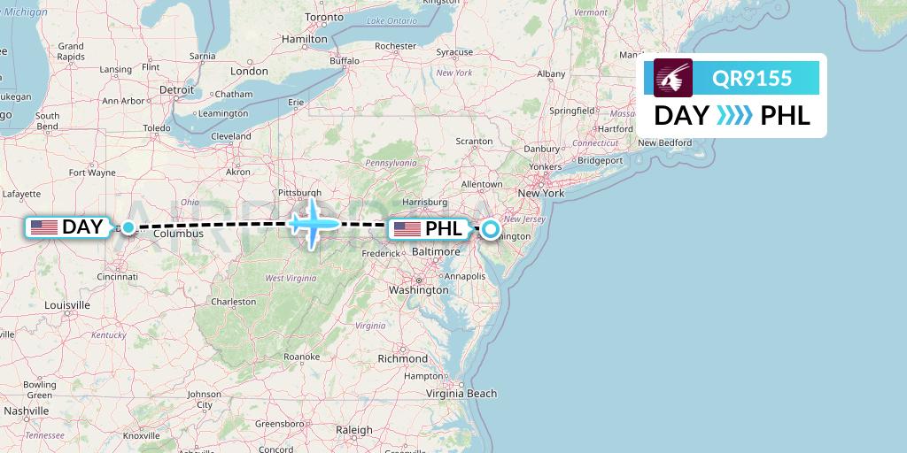 QR9155 Qatar Airways Flight Map: Dayton to Philadelphia