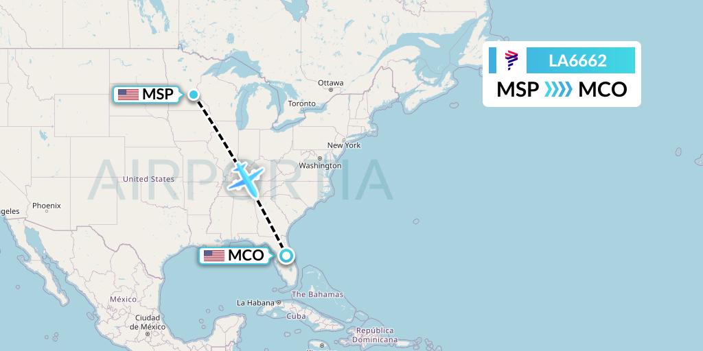 LA6662 LAN Airlines Flight Map: Minneapolis to Orlando