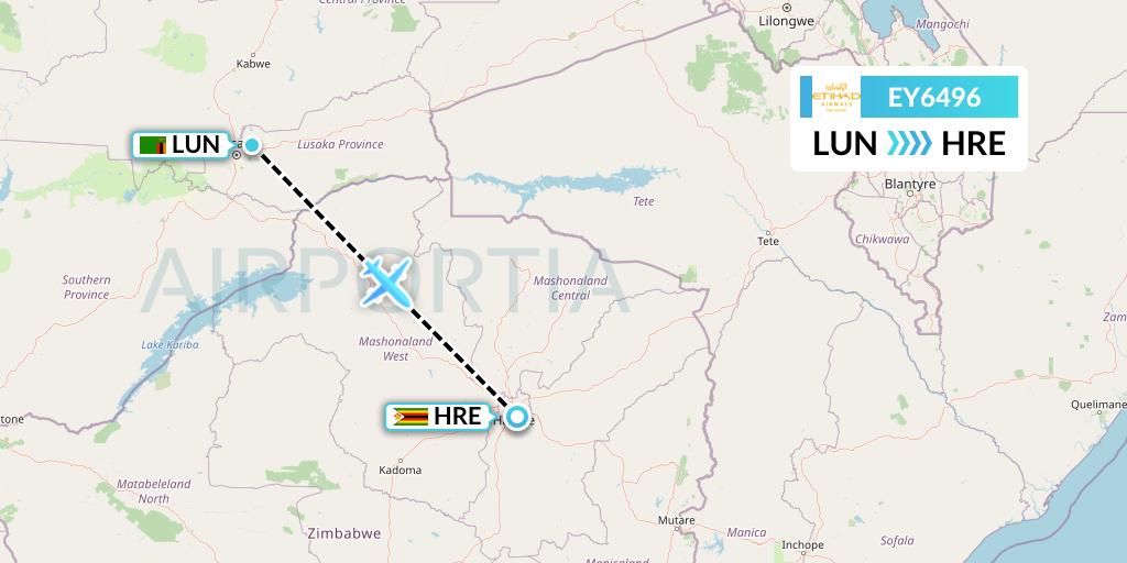 EY6496 Etihad Airways Flight Map: Lusaka to Harare