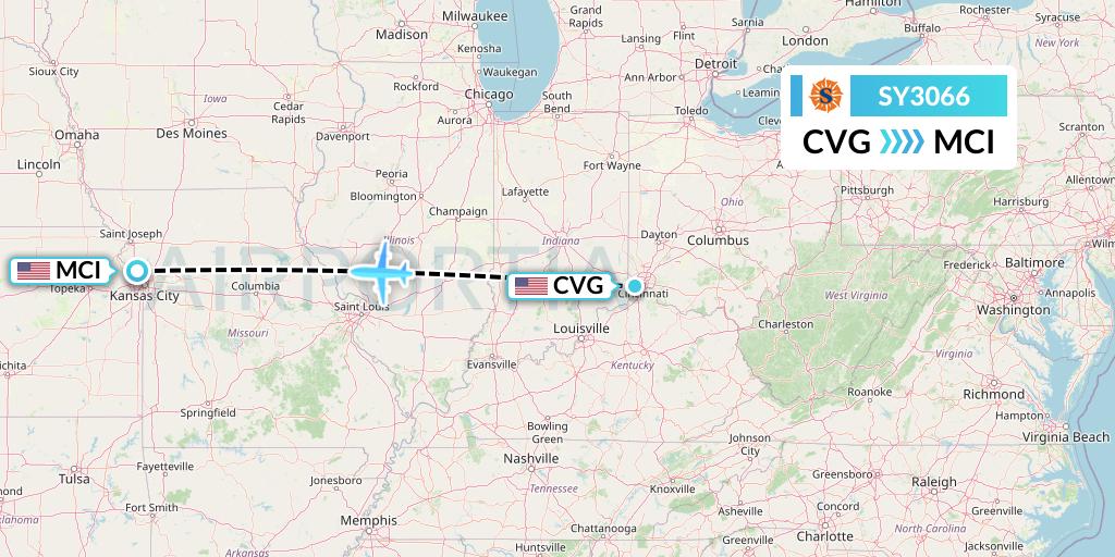 SY3066 Sun Country Airlines Flight Map: Cincinnati to Kansas City