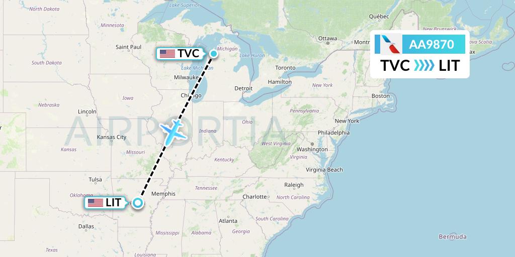 AA9870 American Airlines Flight Map: Traverse City to Little Rock