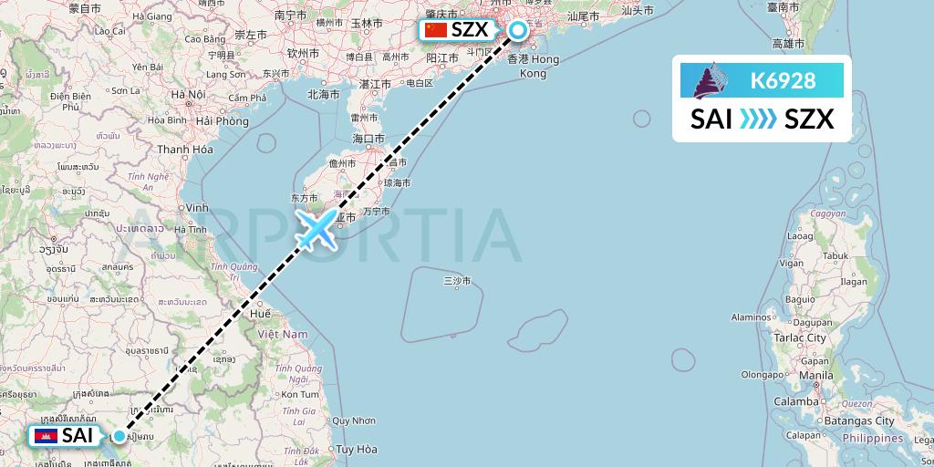 K6928 Cambodia Angkor Air Flight Map: Siem Reap to Shenzhen